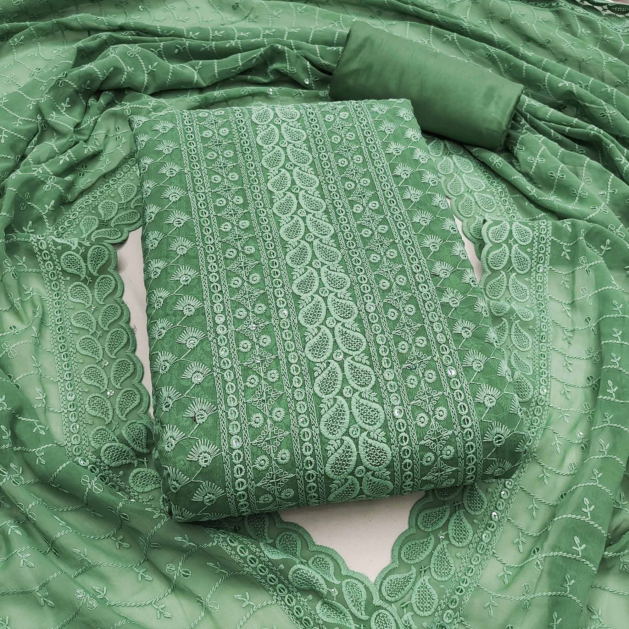 Lightweight Pista Green Georgette Dress Material Adorned with Beautiful Floral Embroidery