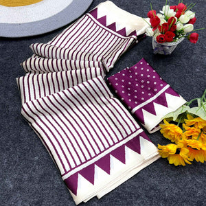 Party Perfect Off White & Purple Saree Crafted in Cream Crepe Fabric with Striped Print