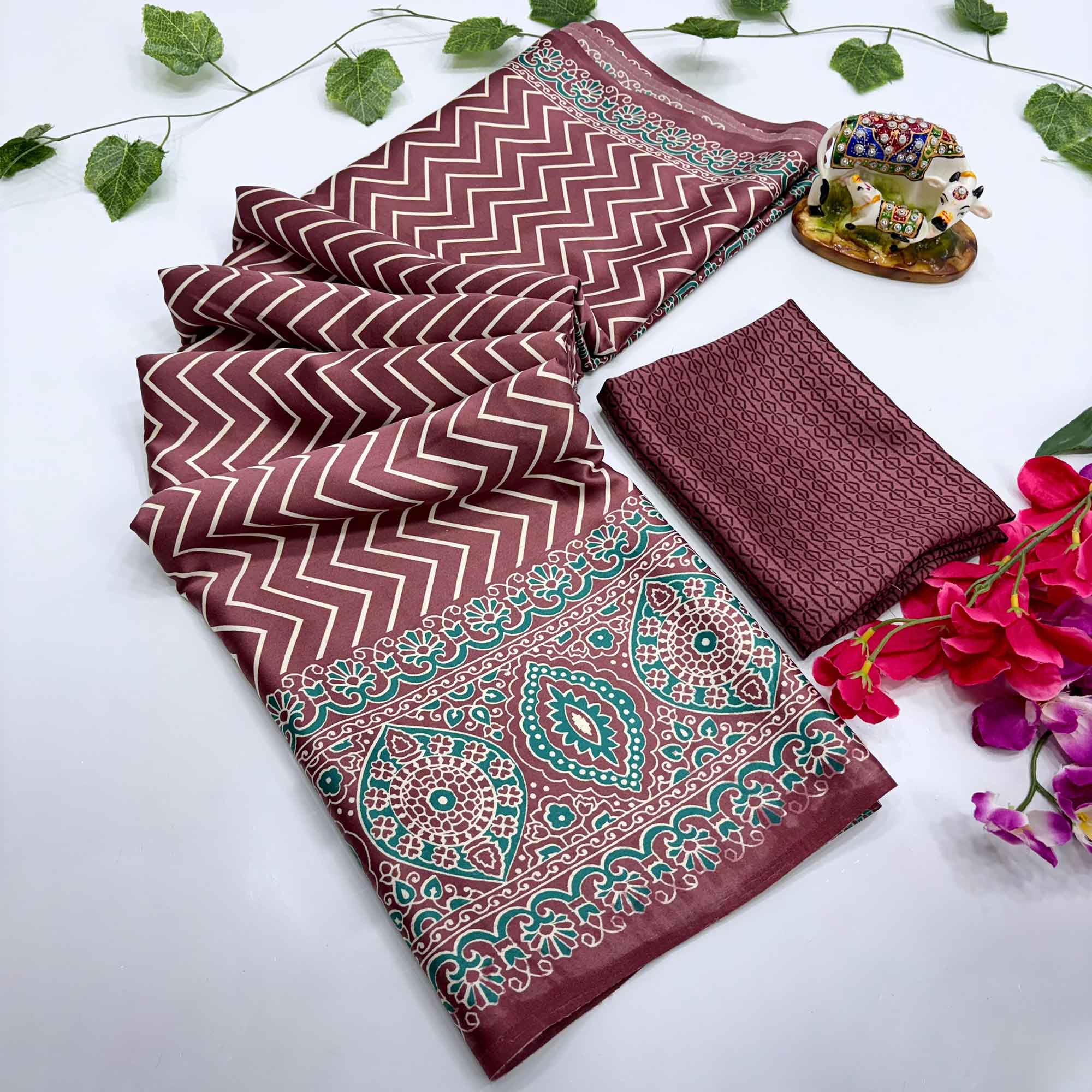 Chic Brown Crepe Saree with Contemporary Striped Print for Party and Festive Wear