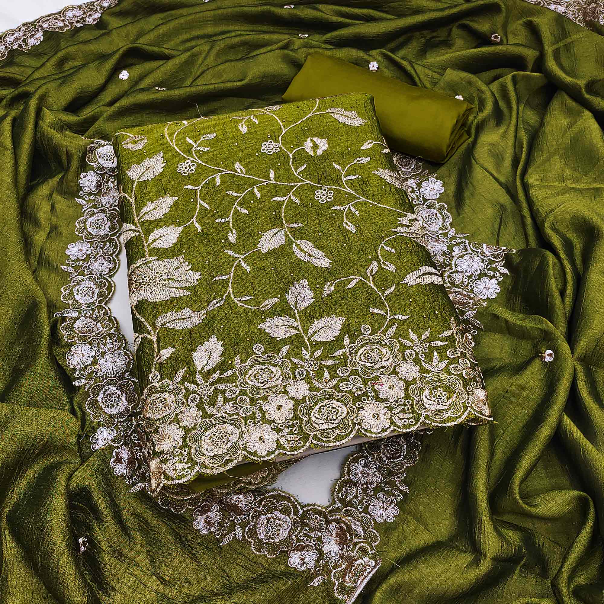 Mehendi Green Vichitra Silk Dress Material With Delicate Floral Embroidery & Sparkling Stone Accent