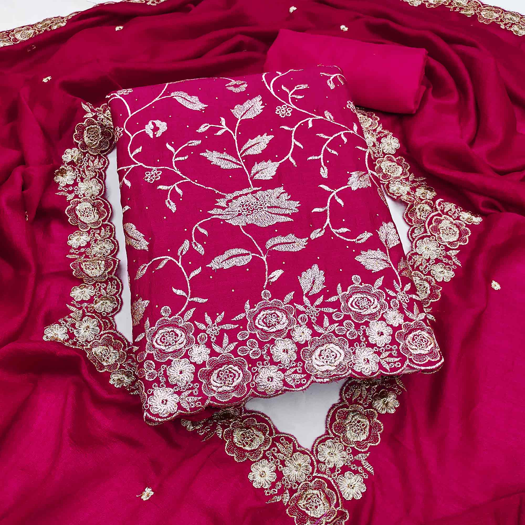Rani Pink Vichitra Silk Dress Material With Delicate Floral Embroidery & Sparkling Stone Accents