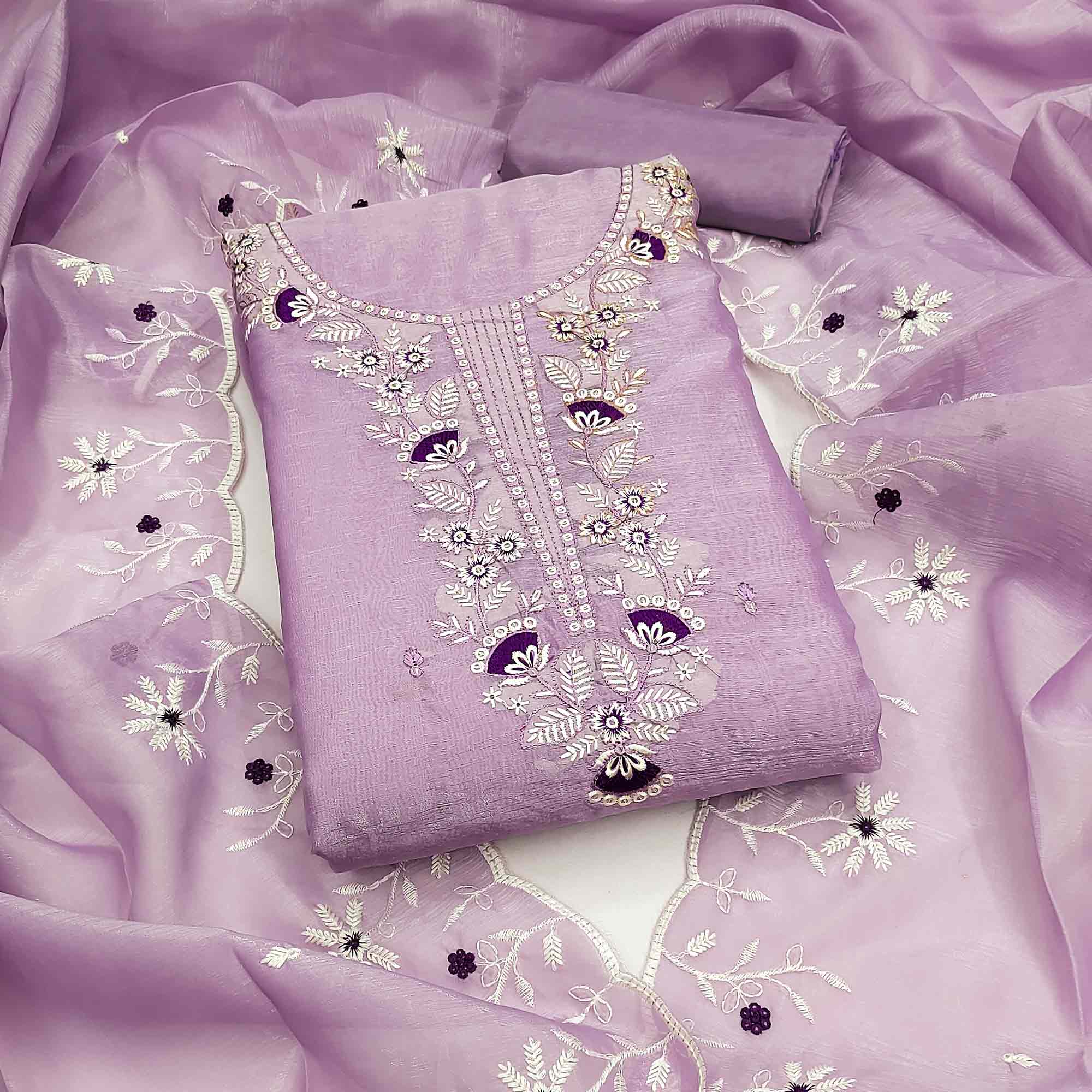 Lavender Art Silk Dress Material With Graceful Floral Thread Embroidery & Sparkling Sequins