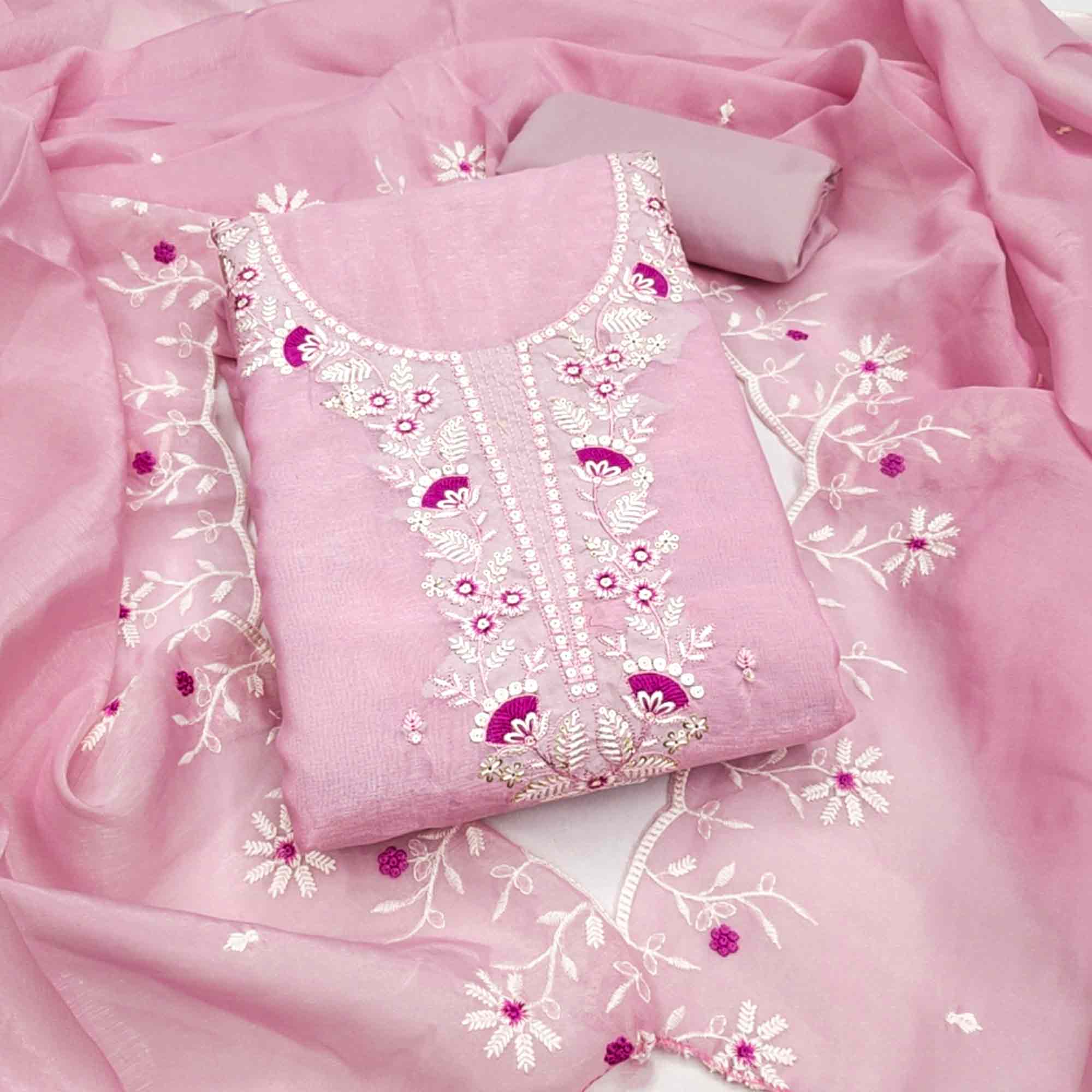 Pink Art Silk Dress Material With Graceful Floral Thread Embroidery & Sparkling Sequins