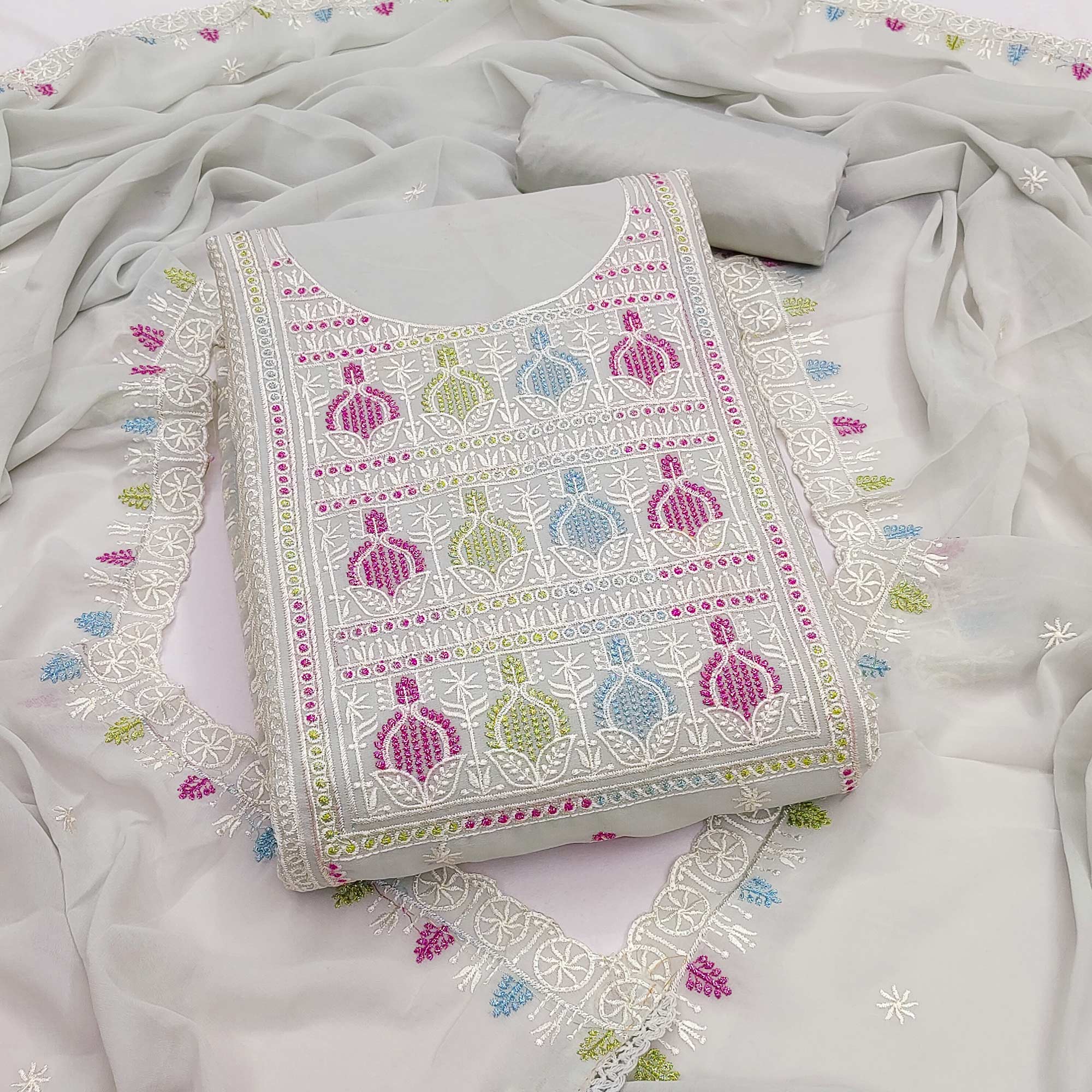 Sophisticated Grey Georgette Dress Material Accented With Ornate Floral Thread Embroidery