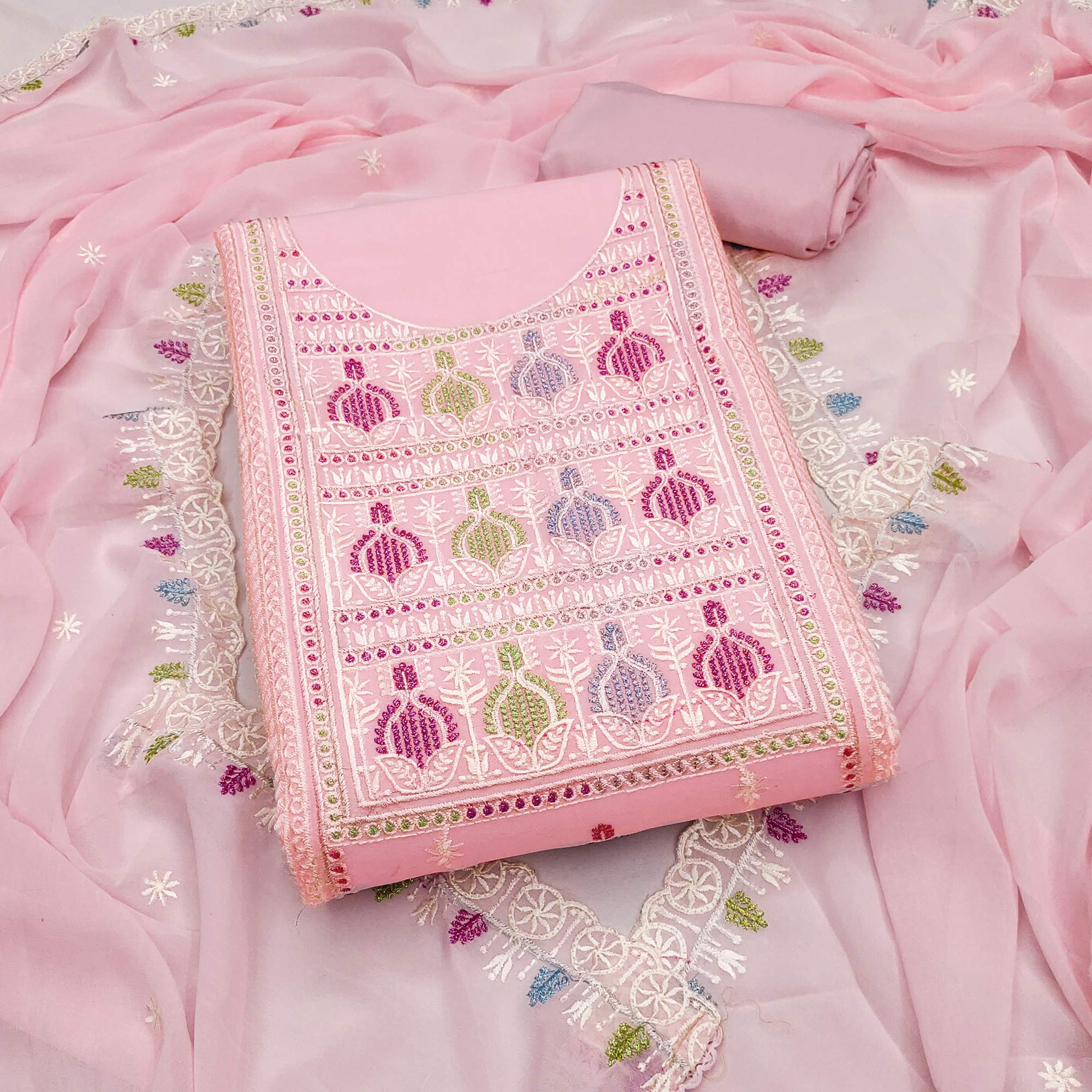 Sophisticated Pink Georgette Dress Material Accented With Ornate Floral Thread Embroidery