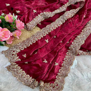 Trendy Maroon Fancy Satin Saree Enhanced with Rich Golden Embroidered Design