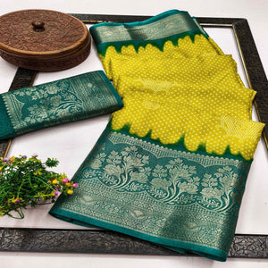 Lemon Green Bandhani Printed Dola Silk Saree Adorned With Luxe Floral Weaving Border Work
