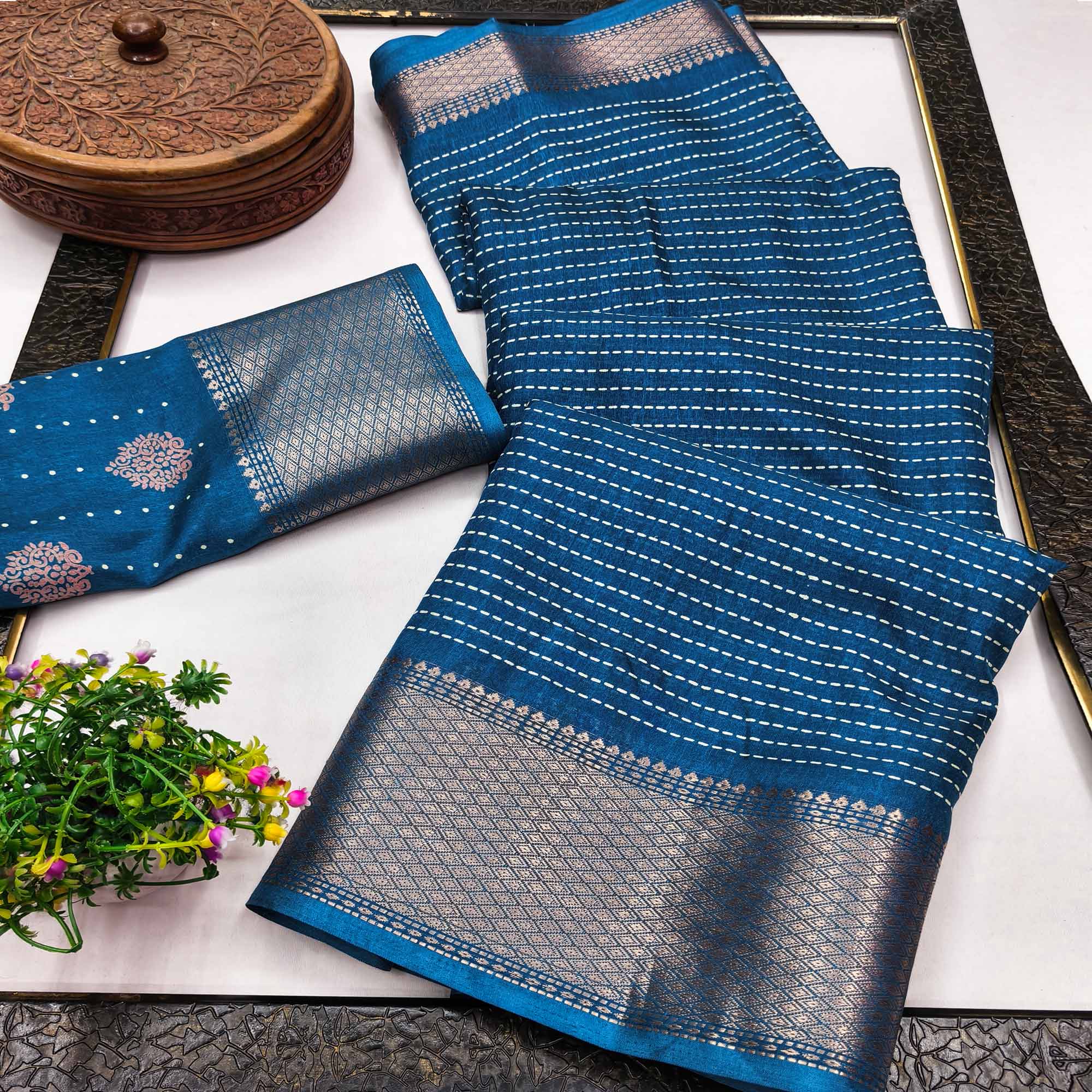 Stylish Blue Striped Print Dola Silk Saree Adorned With Textured Weaving Border