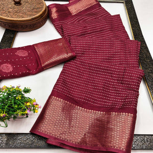 Stylish Maroon Striped Print Dola Silk Saree Adorned With Textured Weaving Border