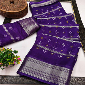 Classic Purple Art Silk Saree With Striped Weaving & Traditional Bandhani Print