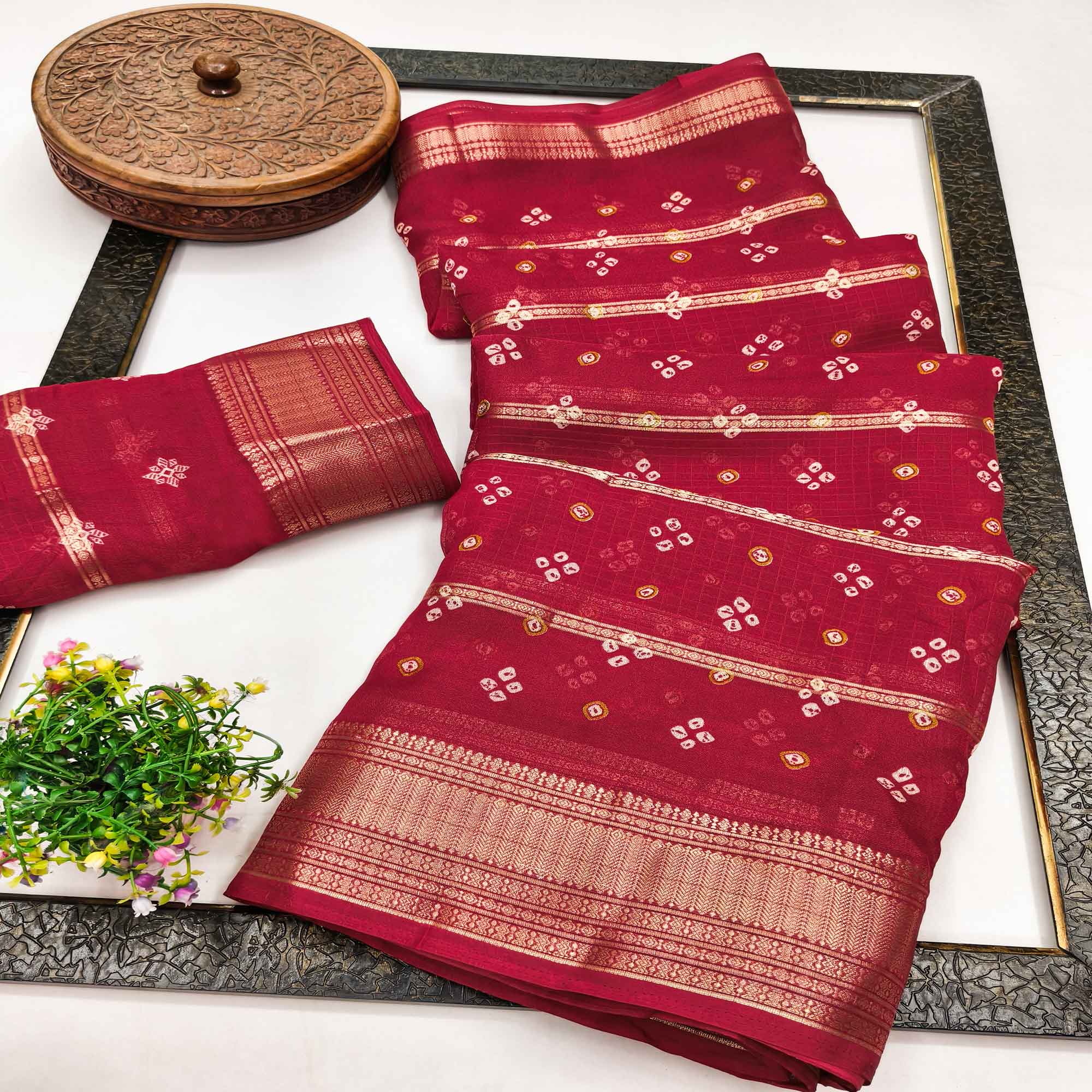 Classic Red Art Silk Saree With Striped Weaving & Traditional Bandhani Print