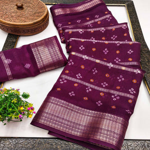Classic Wine Art Silk Saree With Striped Weaving & Traditional Bandhani Print