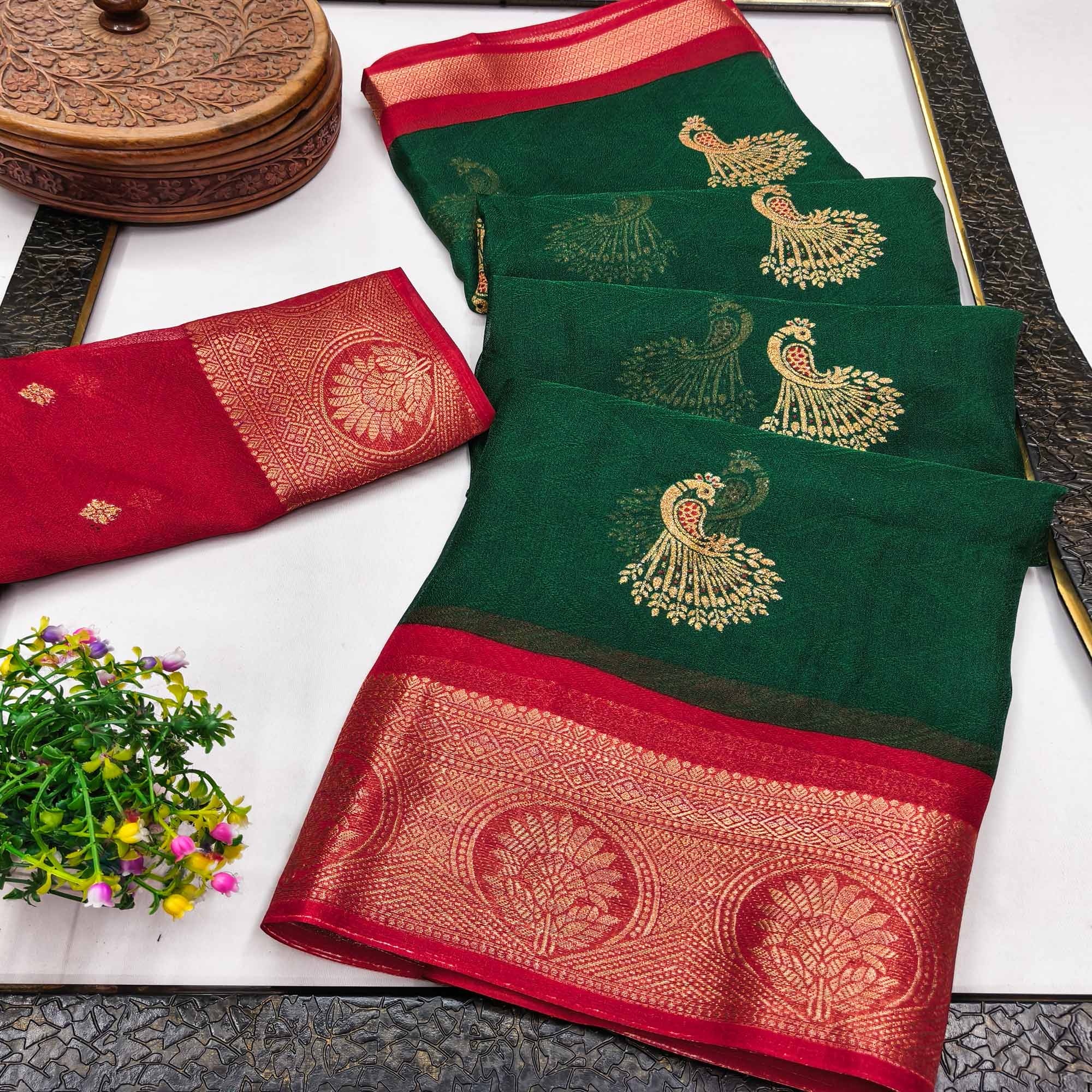 Festive Dark Green Dola Silk Saree Enhanced with Ornate Zari Weaving