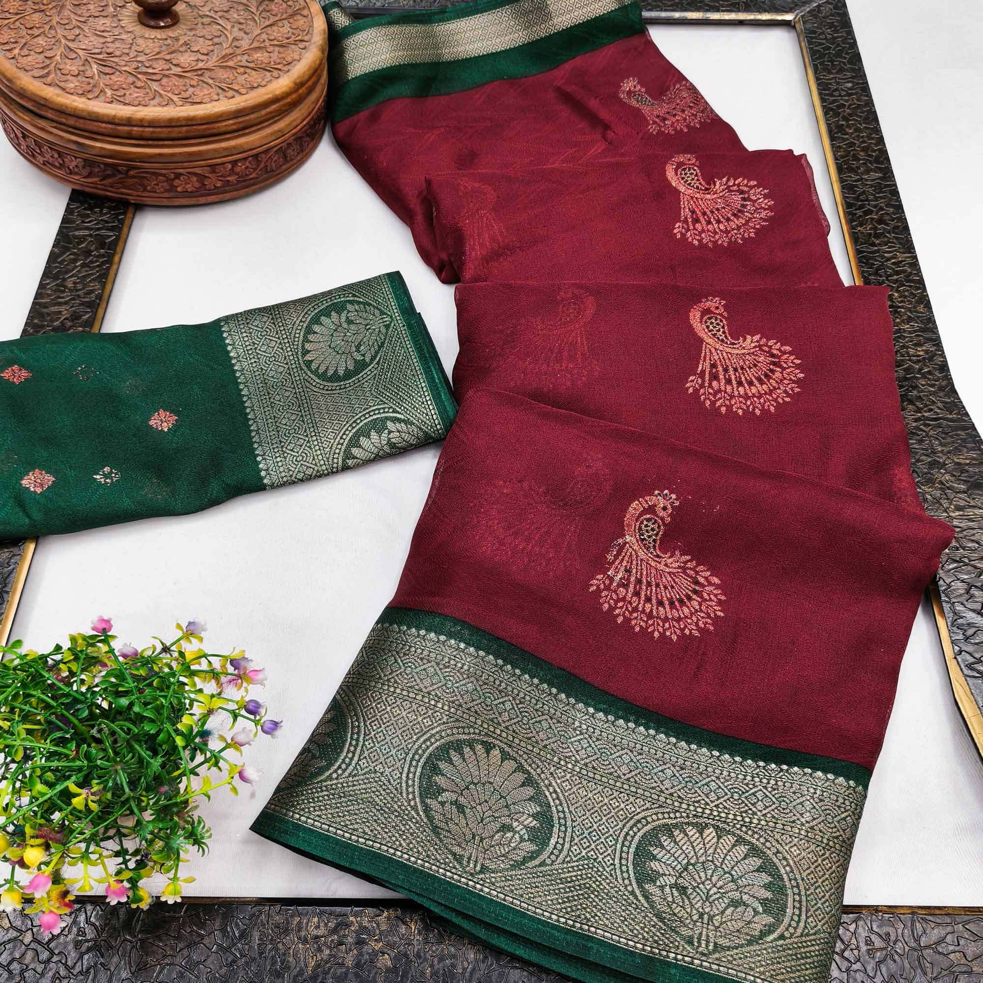 Festive Maroon Dola Silk Saree Enhanced with Ornate Zari Weaving