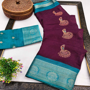 Festive Wine Dola Silk Saree Enhanced with Ornate Zari Weaving