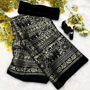Stylish Grey & Black Printed Crepe Saree Perfect for Party Looks