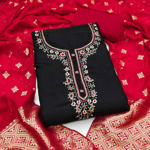 Black Chanderi Silk Dress Material Featuring Intricate Beads & Stone Embroidery