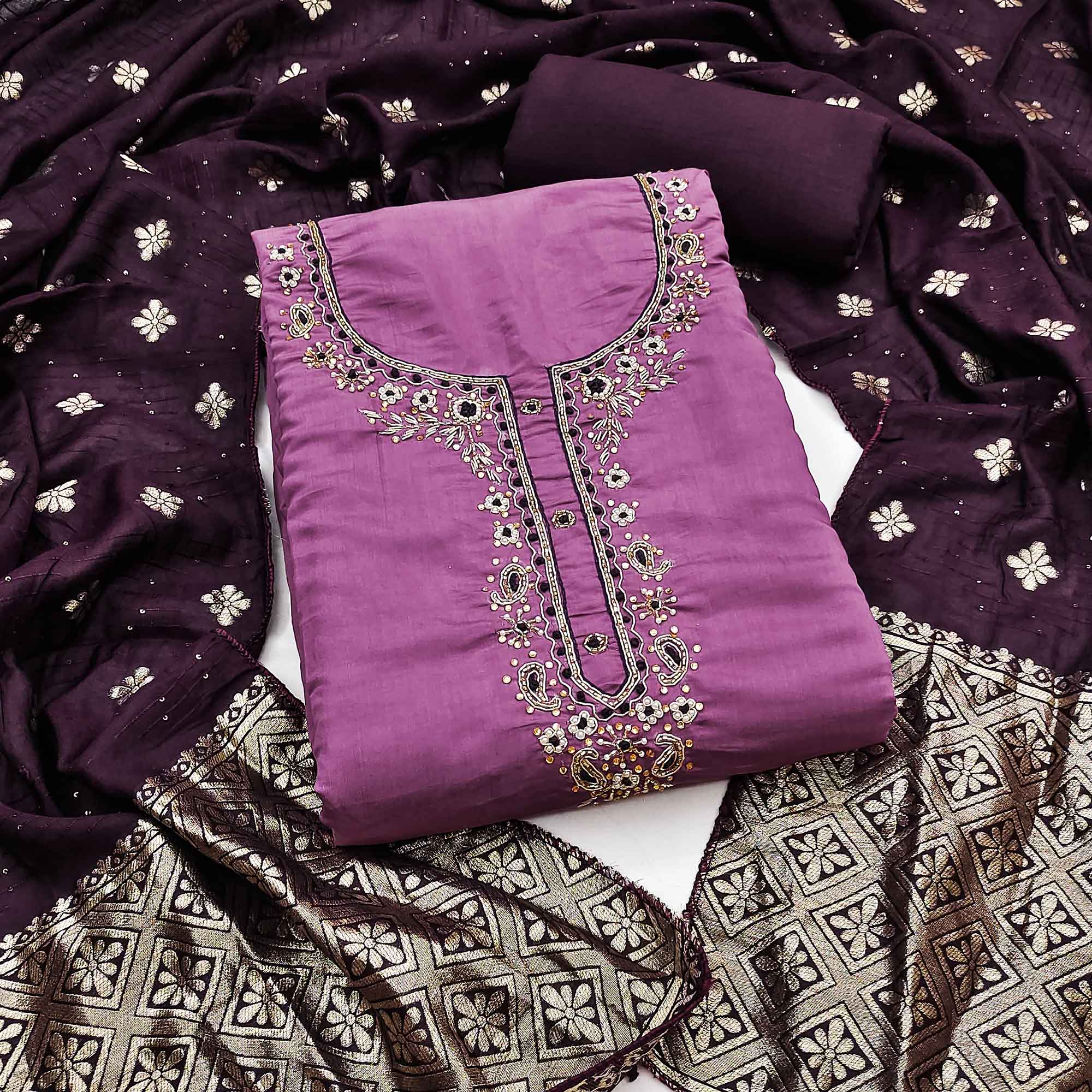 Light Purple Chanderi Silk Dress Material Featuring Intricate Beads & Stone Embroidery