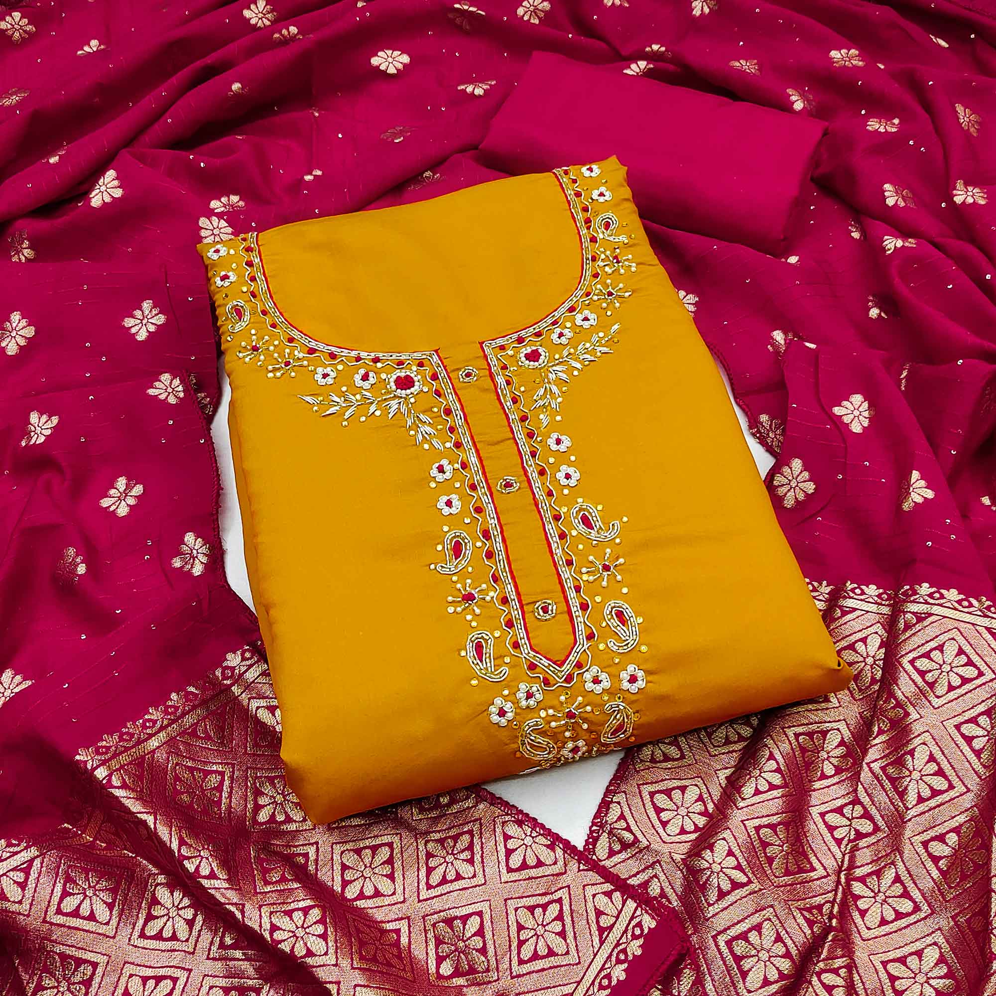Mustard Chanderi Silk Dress Material Featuring Intricate Beads & Stone Embroidery