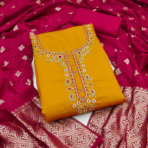 Mustard Chanderi Silk Dress Material Featuring Intricate Beads & Stone Embroidery