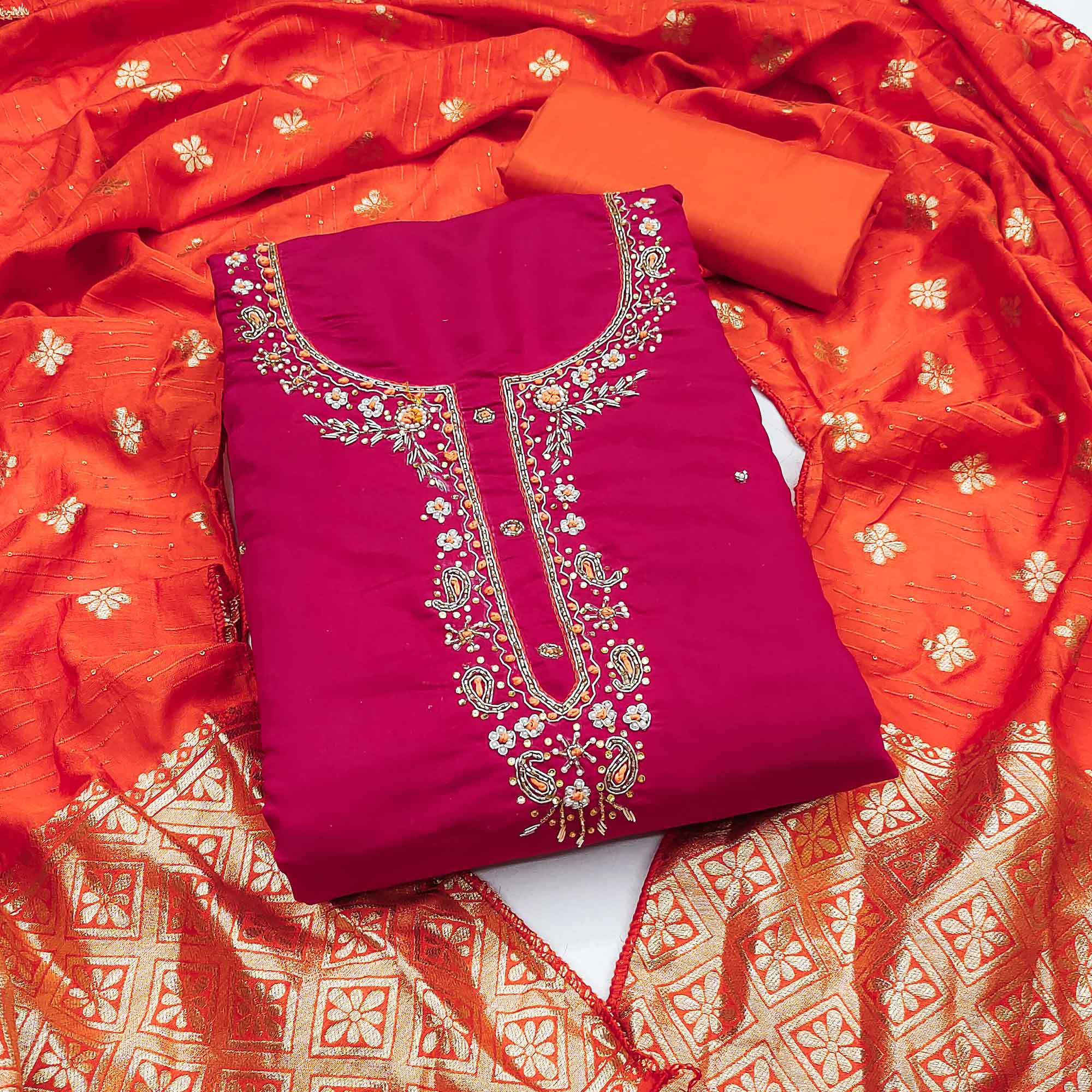 Pink Chanderi Silk Dress Material Featuring Intricate Beads & Stone Embroidery