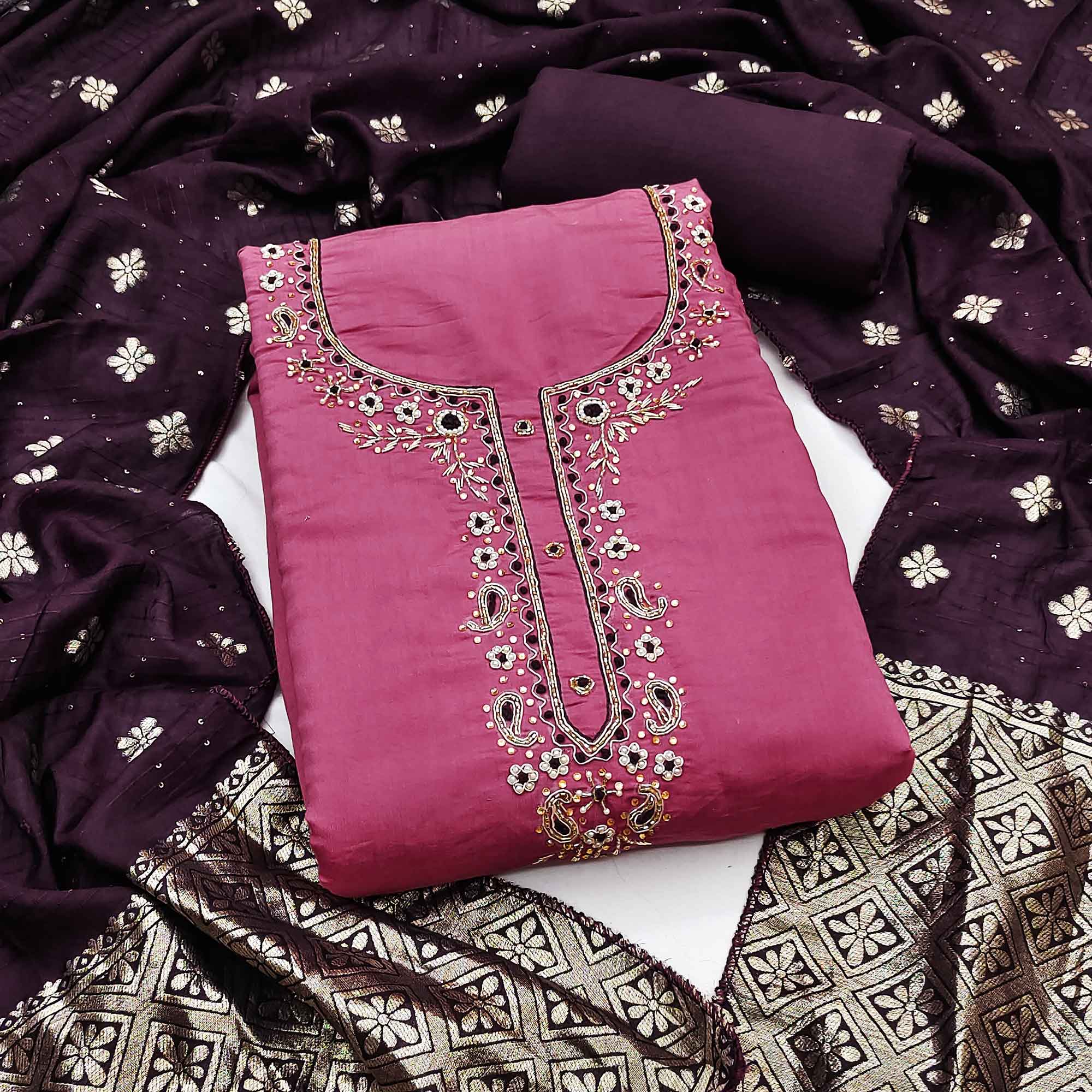Rose Pink Chanderi Silk Dress Material Featuring Intricate Beads & Stone Embroidery