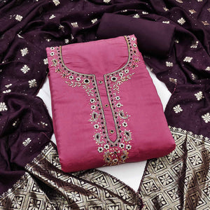 Rose Pink Chanderi Silk Dress Material Featuring Intricate Beads & Stone Embroidery