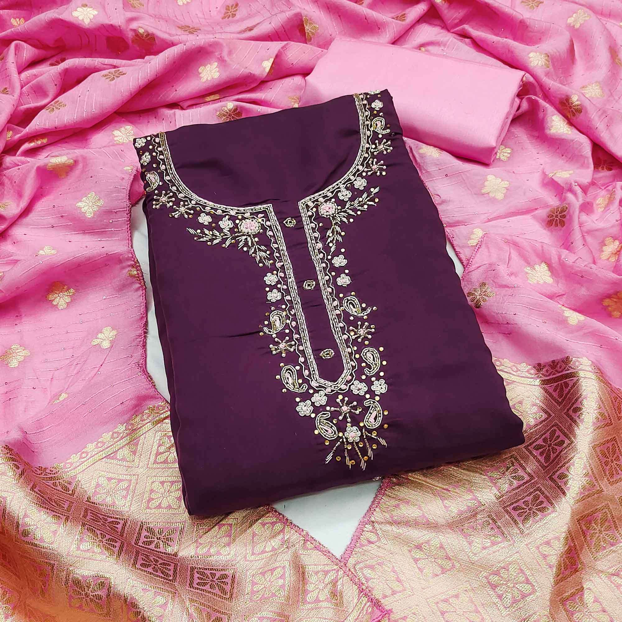Wine Chanderi Silk Dress Material Featuring Intricate Beads & Stone Embroidery