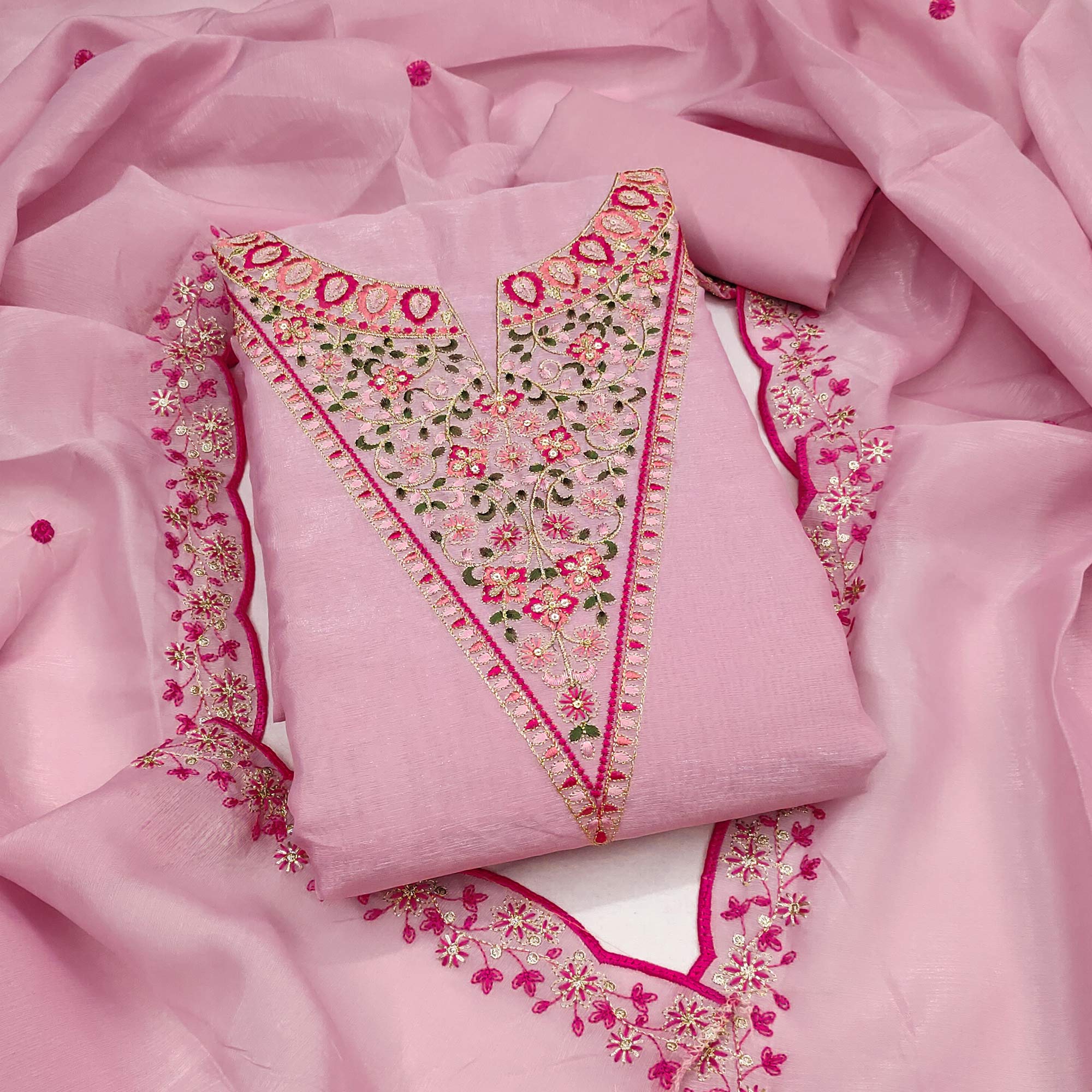 Vibrant Pink Art Silk Dress Fabric with Timeless Golden Thread Embellishment