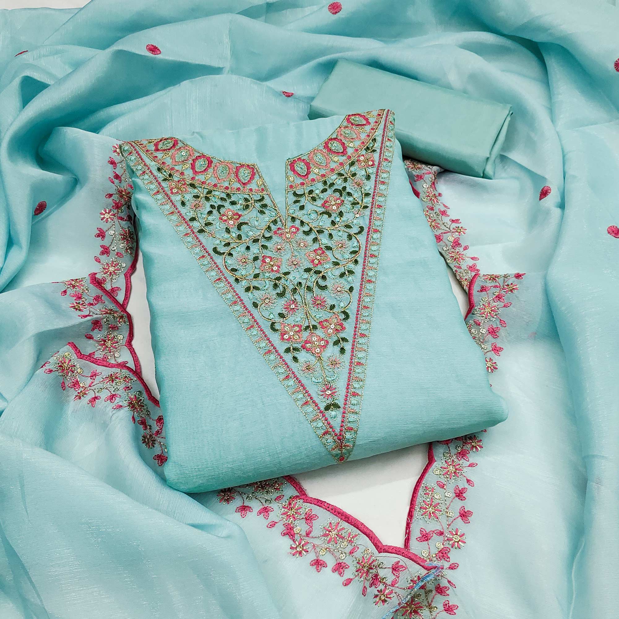 Vibrant Turquoise Art Silk Dress Fabric with Timeless Golden Thread Embellishment