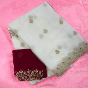 Graceful White Georgette Saree Adorned With Floral Embroidery & Moti Beads Detailing