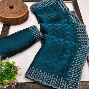 Elegant Morpich Blue Checks Chiffon Silk Saree Embellished With Swarovski Crystals