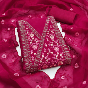 Majestic Bloom Pink Art Silk Dress Material With Exquisite Floral & Sequins Detailing