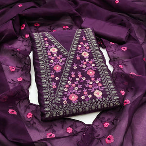 Majestic Bloom Purple Art Silk Dress Material With Exquisite Floral & Sequins Detailing