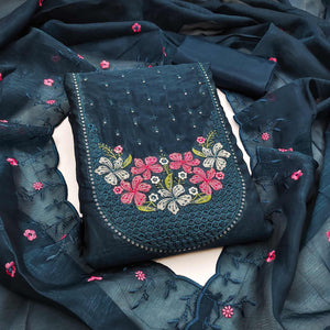 Ethereal Grace Blue Floral Embroidered & Sequins Enhanced Art Silk Dress Material