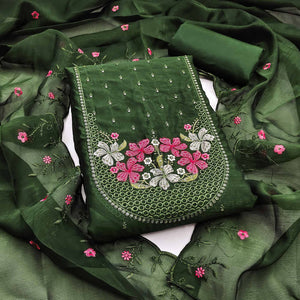 Ethereal Grace Green Floral Embroidered & Sequins Enhanced Art Silk Dress Material