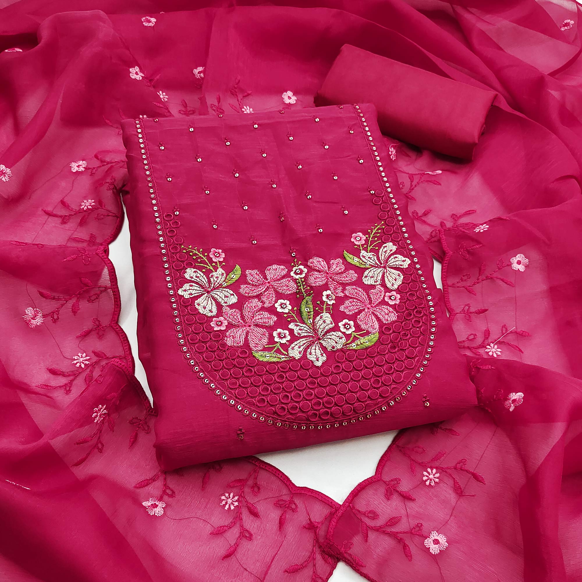 Ethereal Grace Pink Floral Embroidered & Sequins Enhanced Art Silk Dress Material