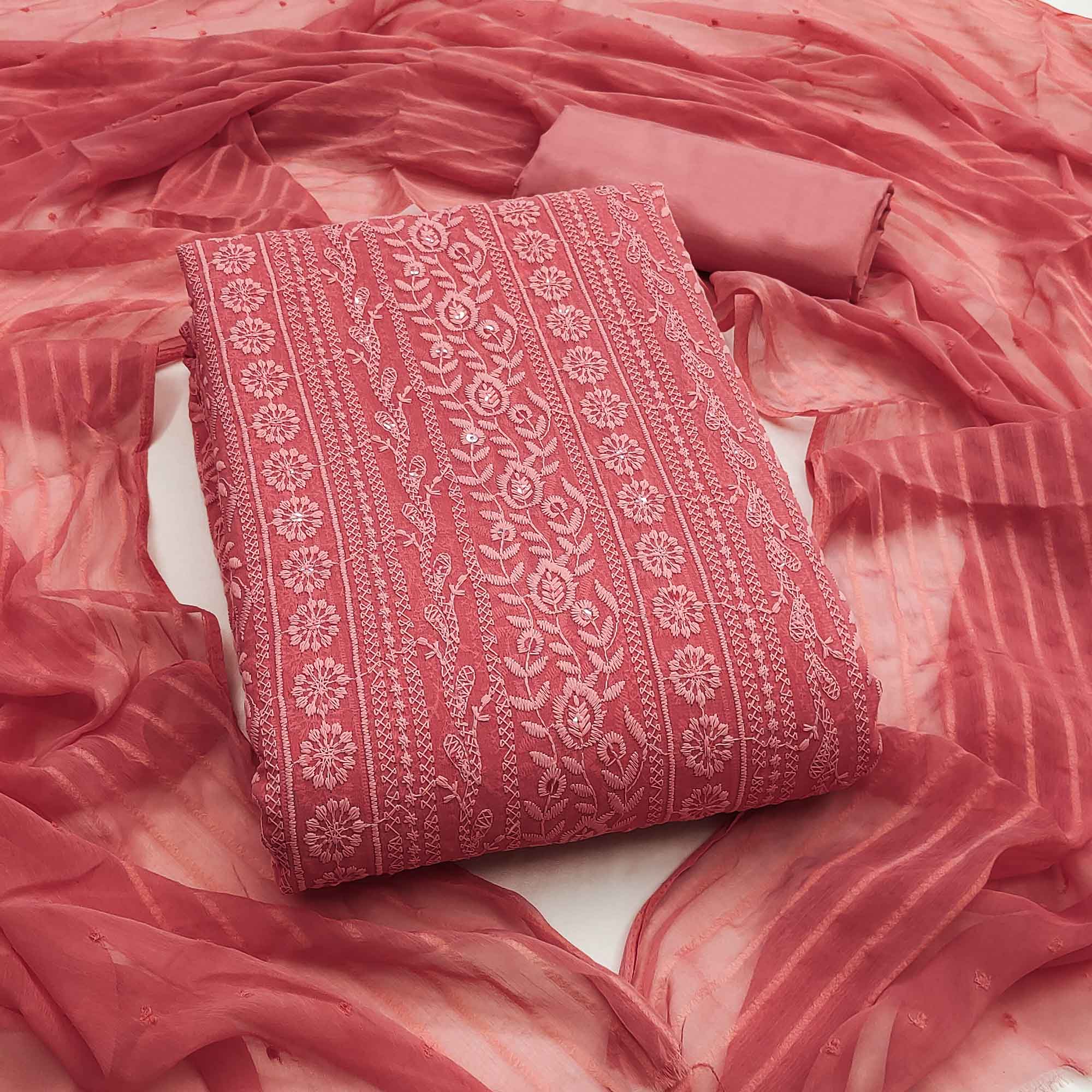 Stunning Coral Pink Floral Embroidery With Sparkling Sequins Work Georgette Dress Material