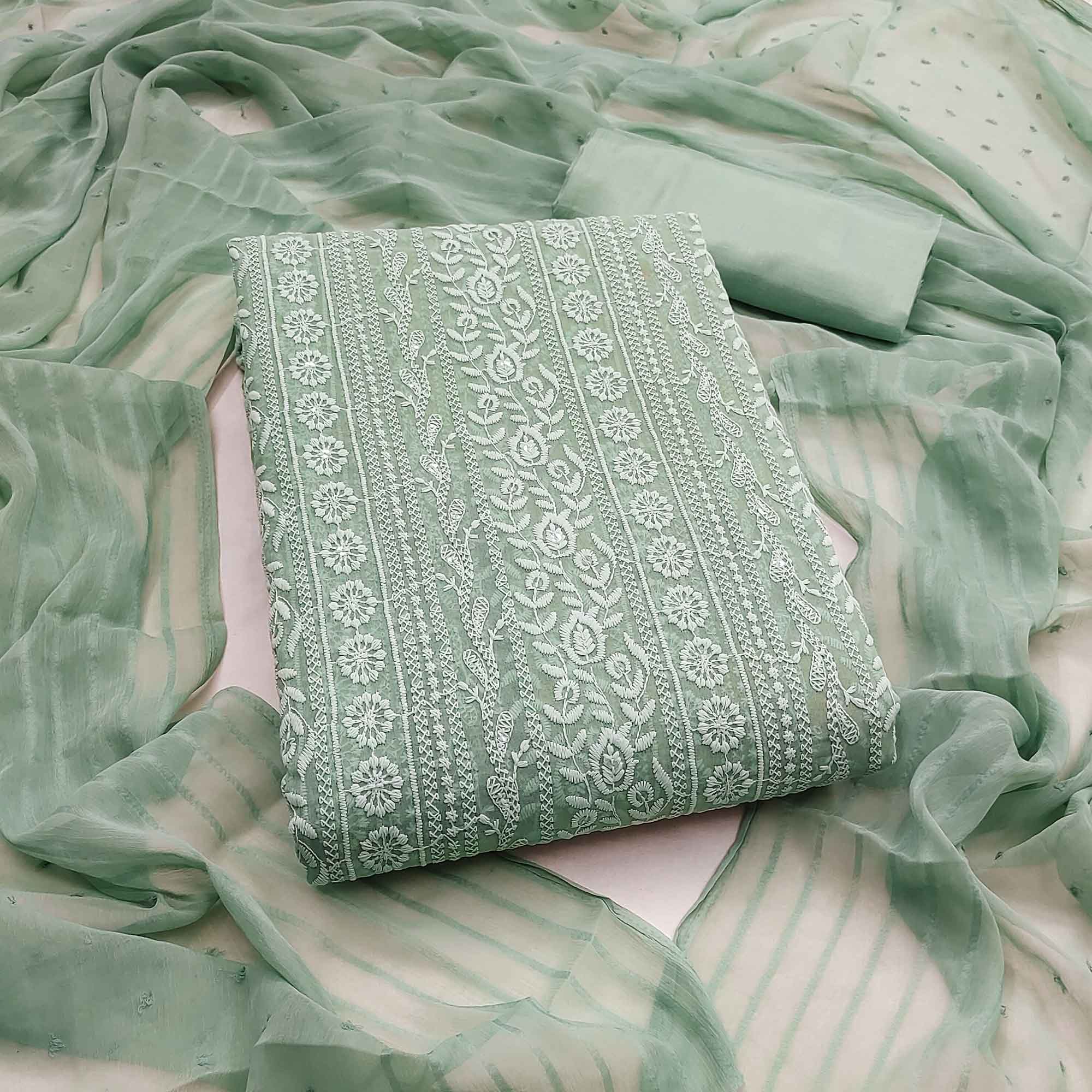 Stunning Green Floral Embroidery With Sparkling Sequins Work Georgette Dress Material