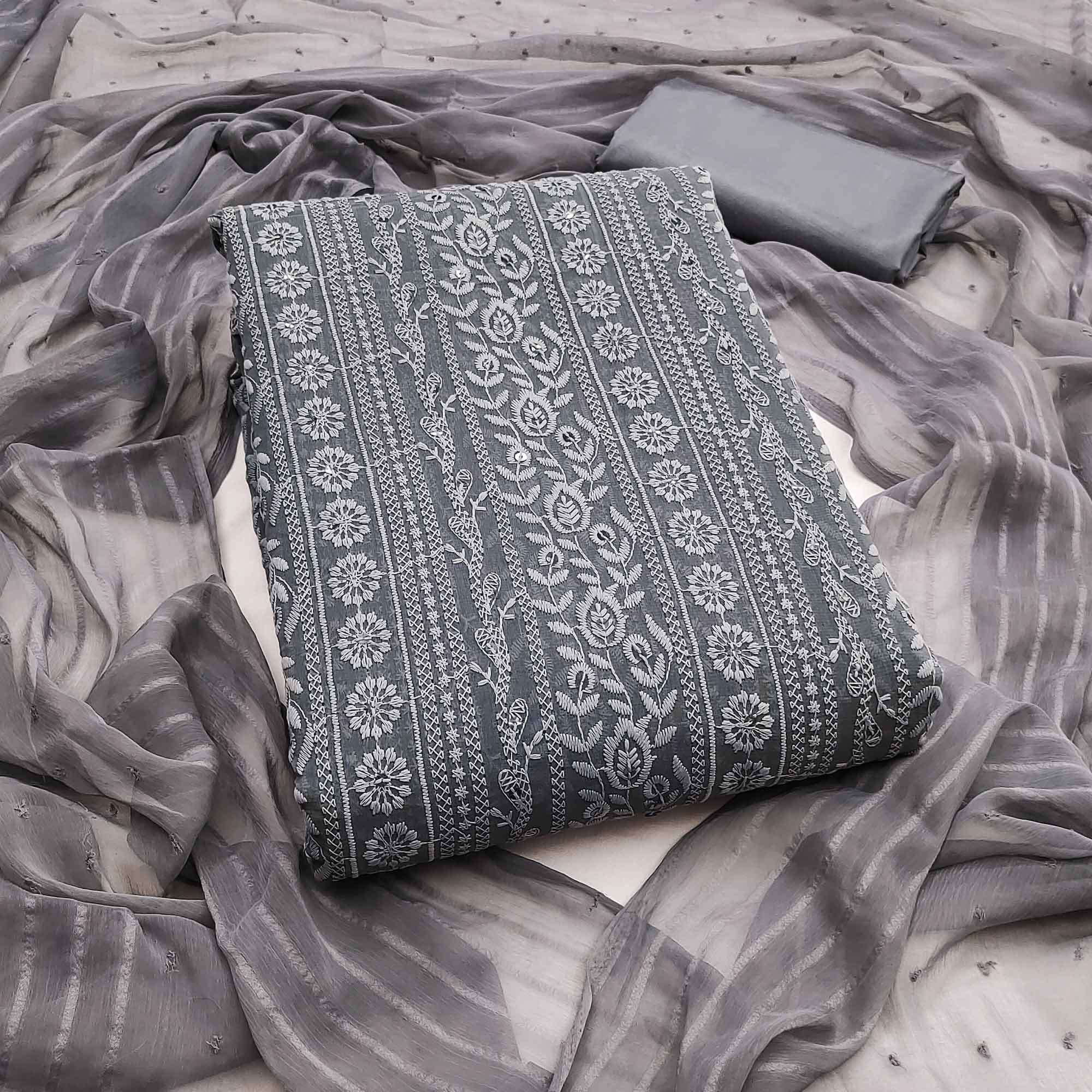 Stunning Grey Floral Embroidery With Sparkling Sequins Work Georgette Dress Material