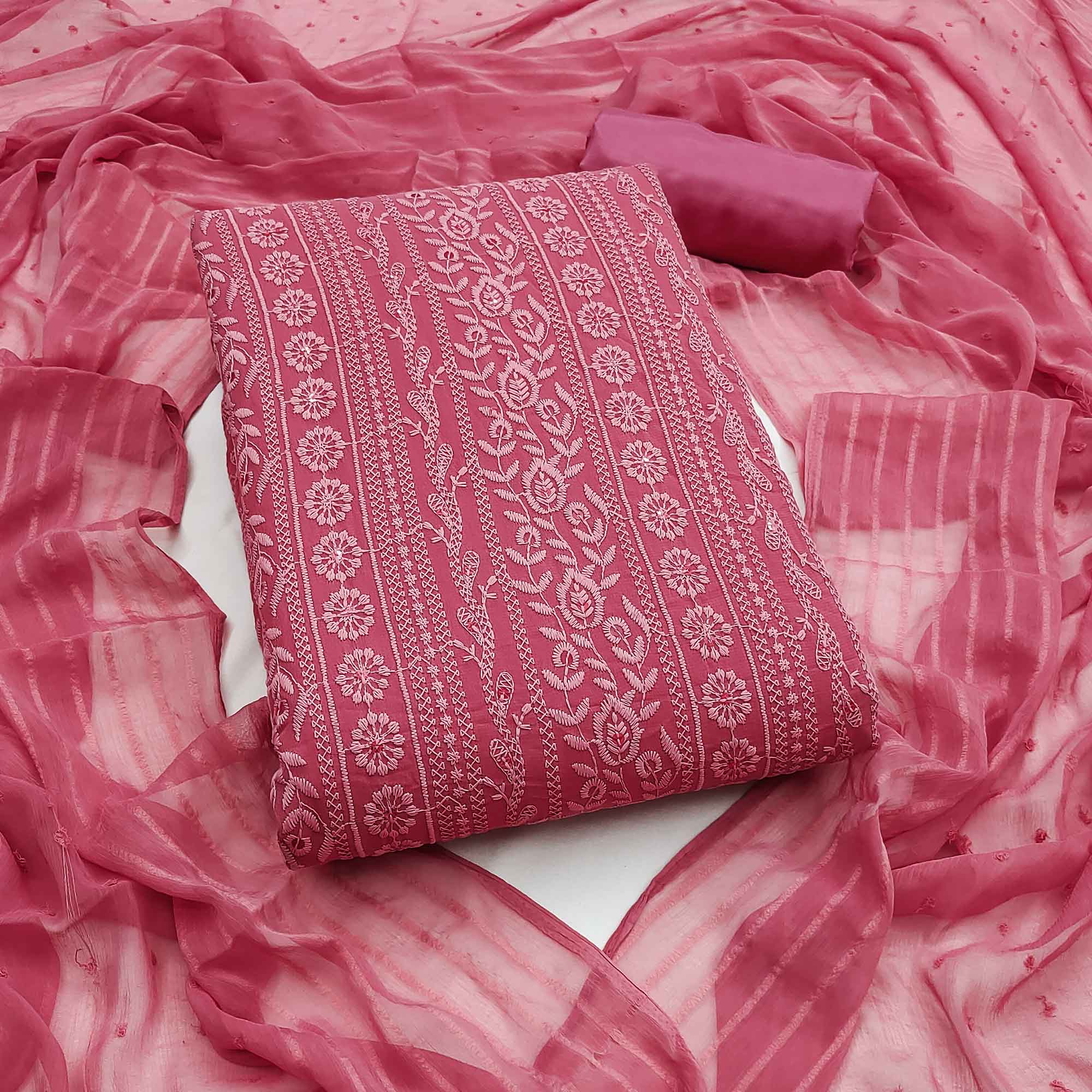 Stunning Rani Pink Floral Embroidery With Sparkling Sequins Work Georgette Dress Material