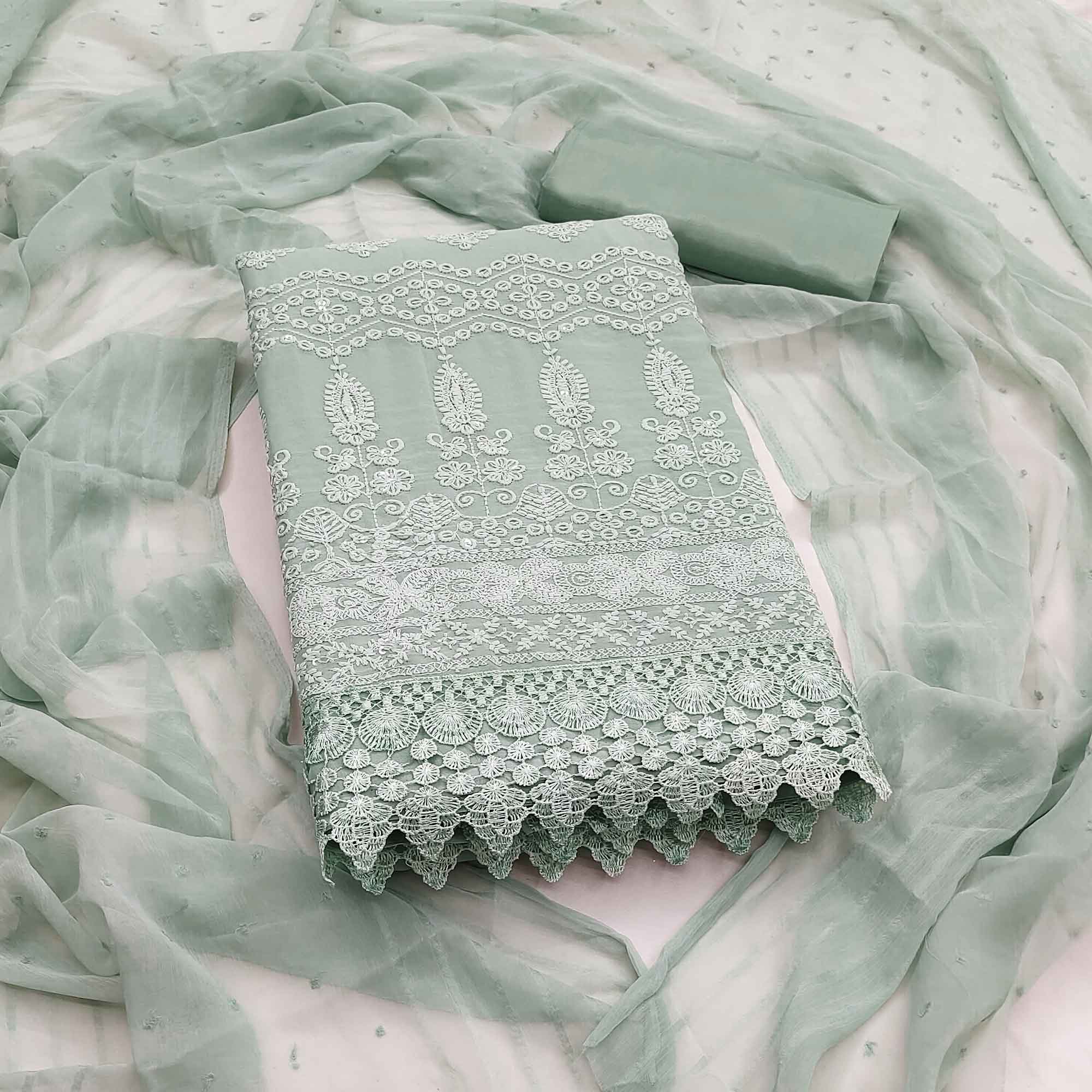 Stunning Sea Green Floral Embroidery With Sparkling Sequins Work Georgette Dress Material