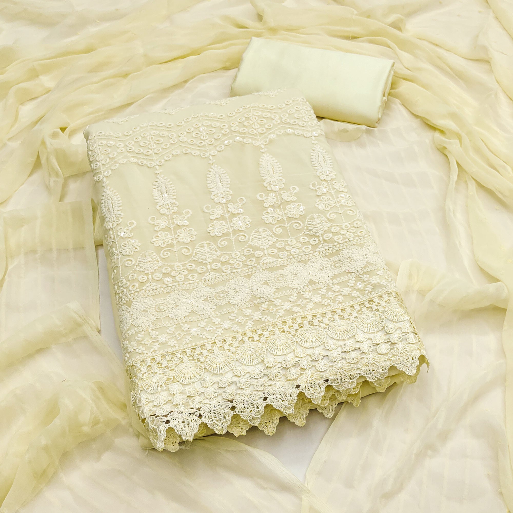 Stunning Yellow Floral Embroidery With Sparkling Sequins Work Georgette Dress Material