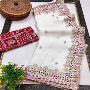 Charming White Floral Embroidered Chiffon Saree Enhanced With Intricate Paisley Border Design