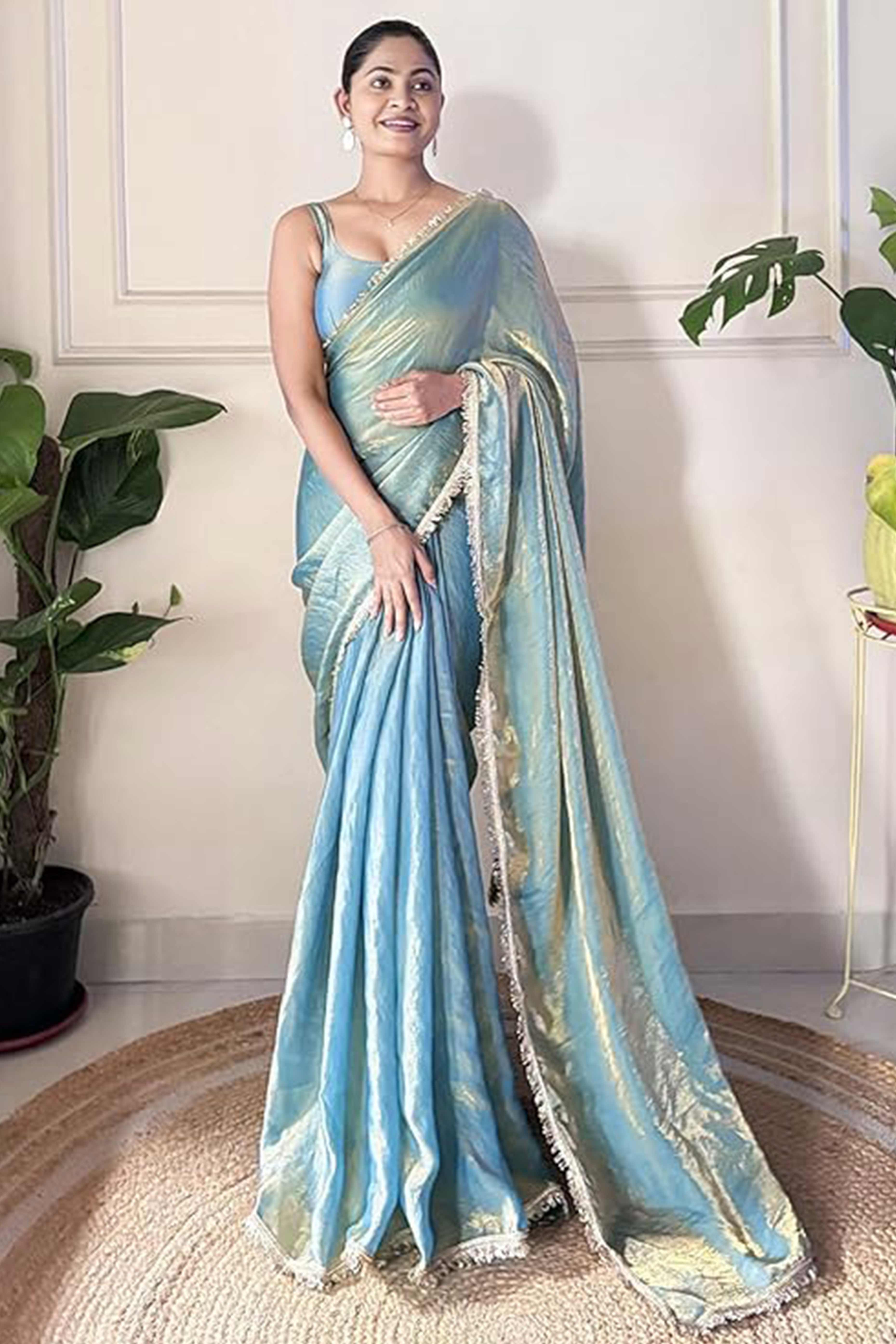 Modern Blue Organza Satin Silk Saree With Refined Lace Border For Elegant Occasions