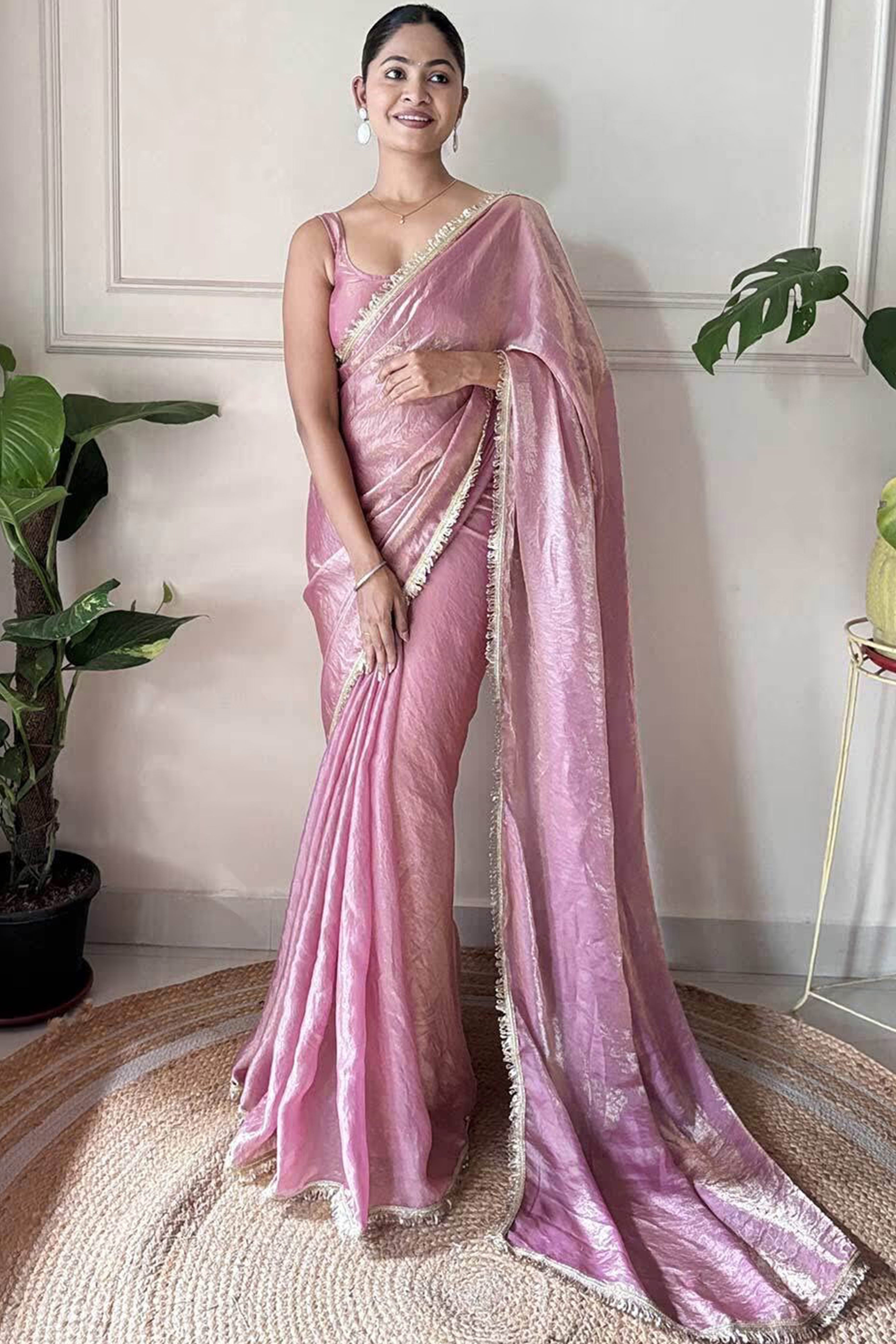 Modern Mauve Organza Satin Silk Saree With Refined Lace Border For Elegant Occasions