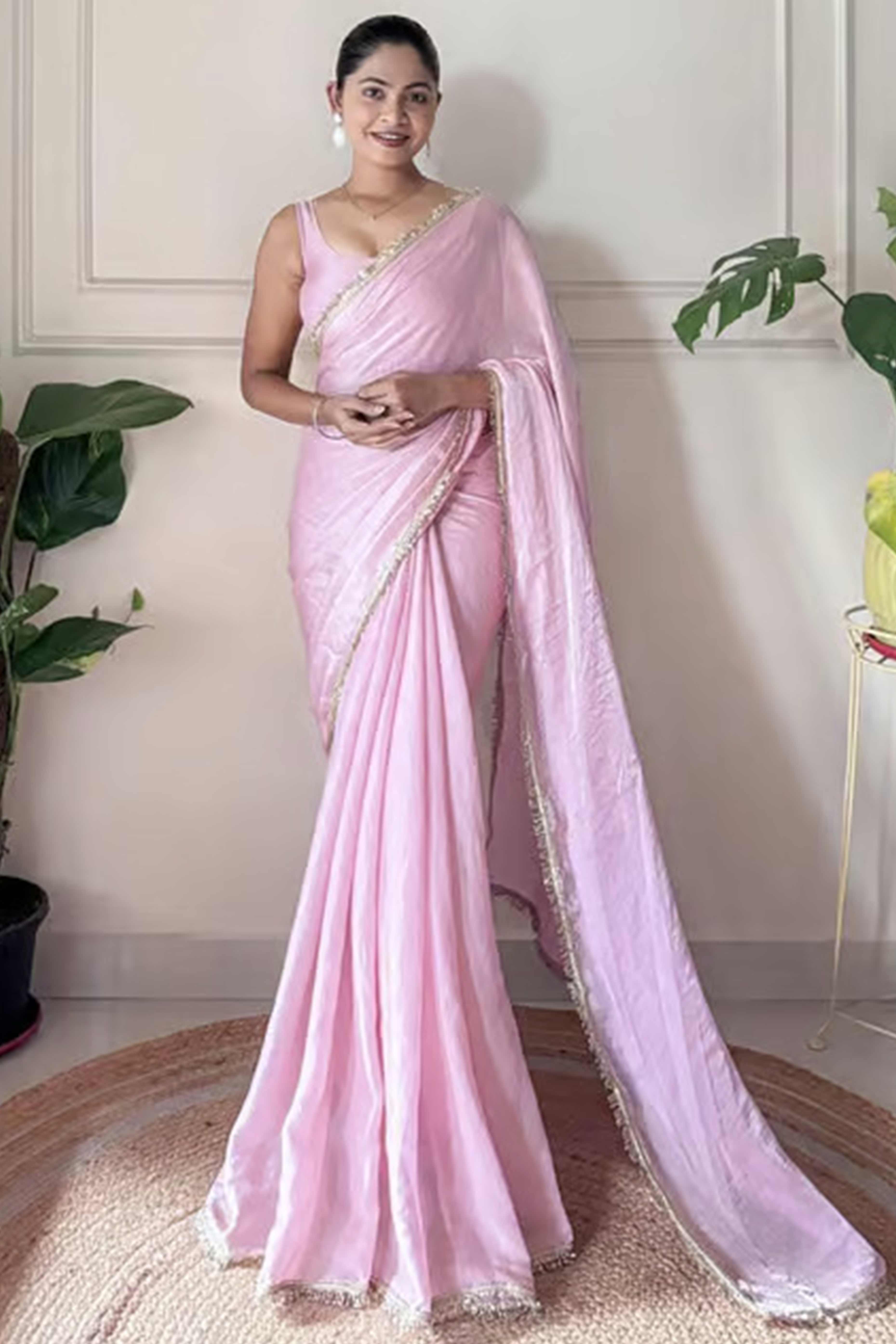 Modern Pink Organza Satin Silk Saree With Refined Lace Border For Elegant Occasions