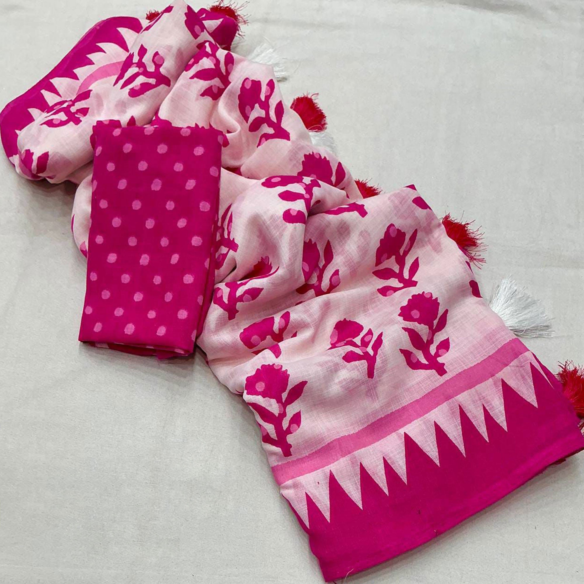 Lightweight White & Pink Floral Print Linen Saree Perfect Blend of Comfort and Style