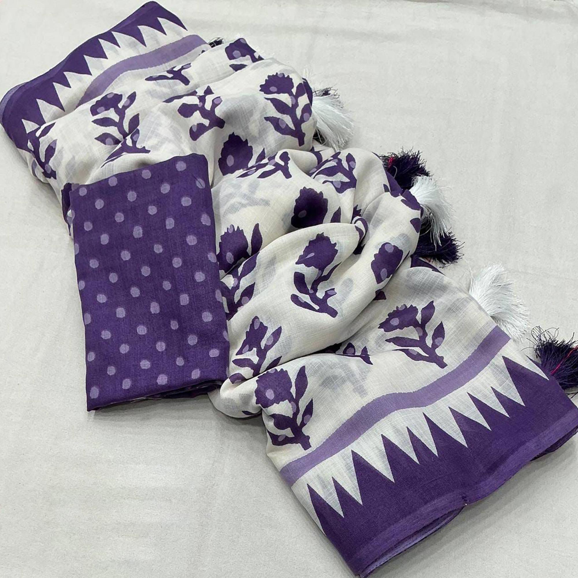 Lightweight White & Purple Floral Print Linen Saree Perfect Blend of Comfort and Style
