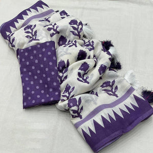 Lightweight White & Purple Floral Print Linen Saree Perfect Blend of Comfort and Style
